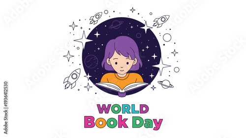 Girl reading a book against a cosmic space background with stars and rockets for world book day celebration.