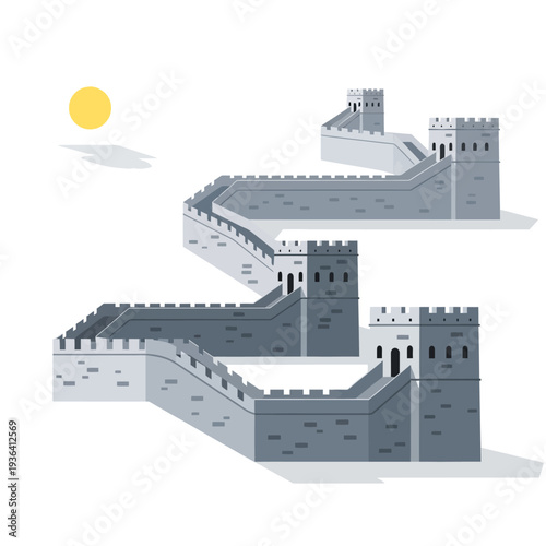 Great Wall of China illustration, ancient fortification, historical landmark, architectural wonder, sun