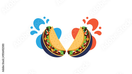 Delicious illustration of two tacos with fresh ingredients and colorful blue and red abstract splash shapes in the background.