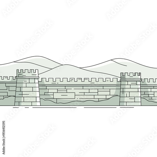 Great Wall of China illustration, ancient fortification, historical landmark, mountain landscape, stone texture