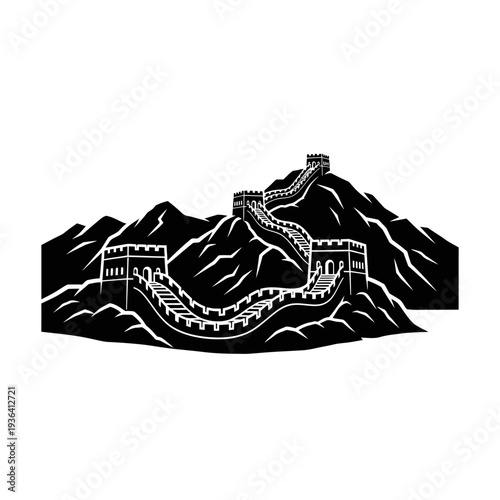 Great Wall of China Silhouette on Mountains - Iconic Landmark Vector Illustration