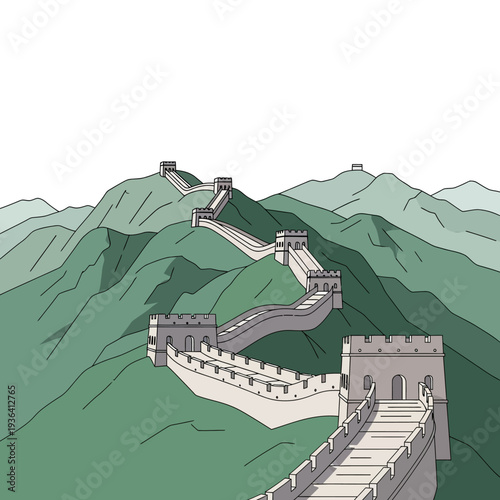 Great Wall of China winding over green mountains, ancient Chinese architecture, historic landmark