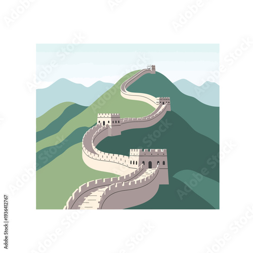 Great Wall of China winding over green mountains, ancient Chinese landmark, historical architecture
