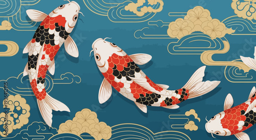 Koi Fish Swimming in Blue Water with Clouds