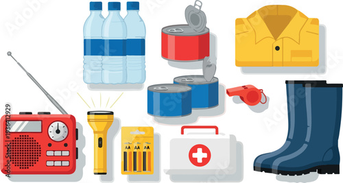 Emergency supplies kit illustration featuring radio, water, batteries, boots, and first aid kit on white background from direct viewpoint
