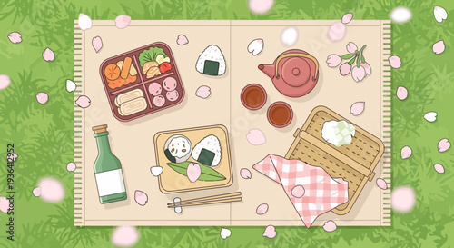 Picnic Lunch with Tea and Cherry Blossoms