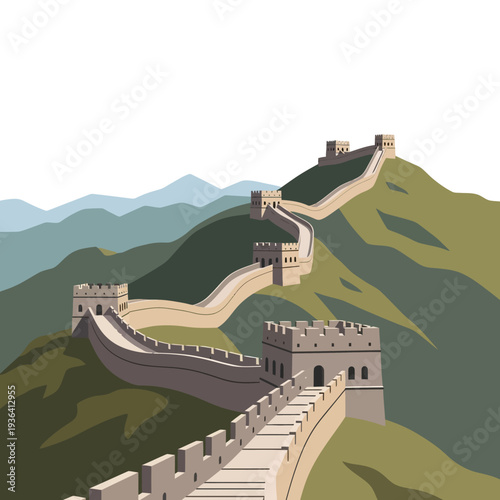 Great Wall of China winding through green mountains under a clear sky
