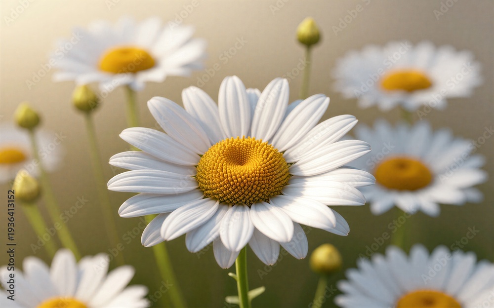 Fototapeta premium White daisies bloom softly in a sunlit field their yellow centers