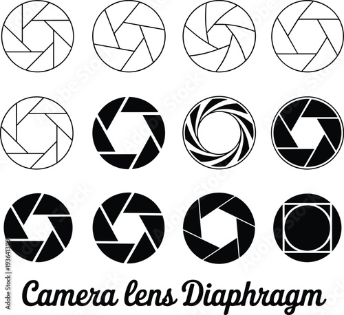 Camera lens diaphragm icons collection, aperture shutter symbols, photography optics elements, black vector illustration