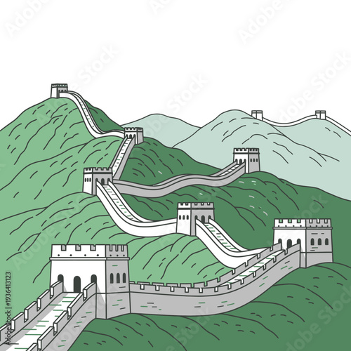 Great Wall of China, ancient fortification winding through green mountains, historical landmark