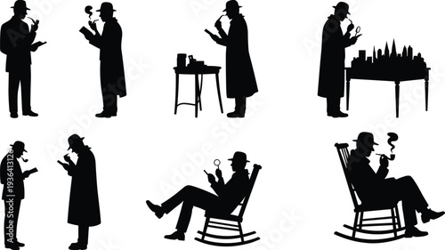 Detective silhouette set, private investigator mystery crime solving vintage character vector illustration isolated collection design