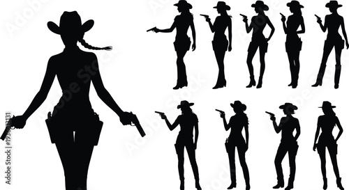 Cowgirl gunfighter silhouettes collection, western female cowboy revolver poses vintage vector illustration isolated design set
