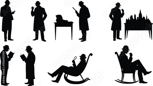 Detective silhouettes collection, private investigator mystery crime investigation vintage character vector illustration isolated design set