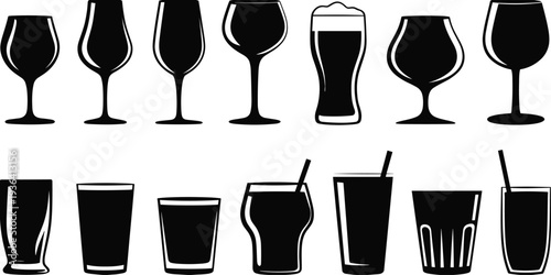 Drink glass silhouettes collection, beverage cups goblets mugs bar vector illustration isolated design set bundle