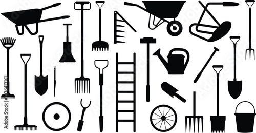 Gardening tools silhouette collection, farm equipment icons set for agriculture themed vector illustration design projects