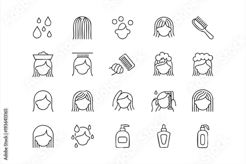 Hair care outline icon collection with shampoo bottle comb foam bubbles and woman hairstyle graphics