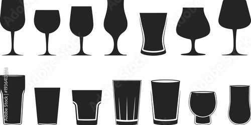 Glassware silhouettes collection, beverage drinking glasses goblets bar vector illustration isolated drinkware design set bundle