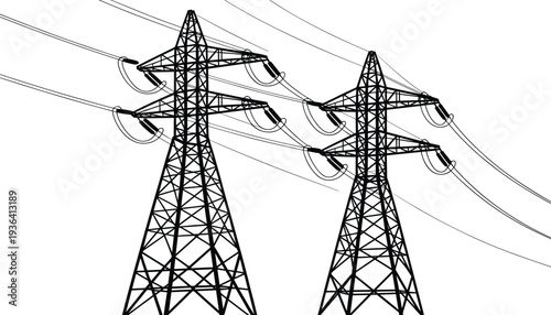 High voltage transmission towers silhouette, electricity pylons illustration, power line infrastructure, energy supply design element