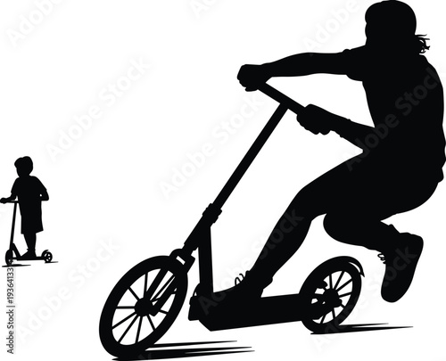Kick scooter rider silhouette, child riding push scooter outdoor activity vector illustration isolated design concept