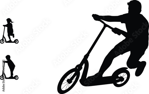 Kick scooter silhouette set, children riding push scooter outdoor activity vector illustration isolated design collection