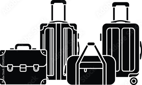 Travel Luggage Silhouette Set, Suitcase, Trolley Bag, Briefcase and Backpack Black Vector Icons Isolated on White Background
