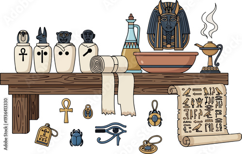 Ancient Egyptian artifacts and relics displayed on a wooden table with historical significance and cultural heritage on showcase