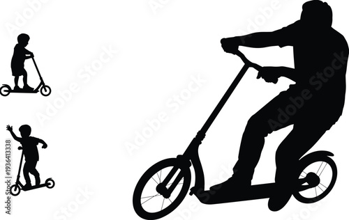 Kick scooter silhouettes collection, kids riding push scooter outdoor activity vector illustration isolated design set