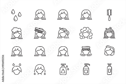Minimal hair washing and beauty routine line icon set with shampoo comb bubbles and female hairstyle symbols