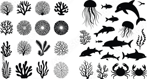 Marine life silhouettes collection, ocean animals corals and sea creatures vector illustration design set bundle