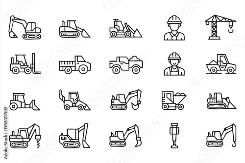 Heavy construction equipment outline icon collection with excavator crane loader tractor and dump truck graphics
