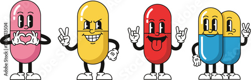 Cute Medicine Pills Cartoon Characters Set Funny Capsule Mascot Emotions Healthcare Pharmacy Vector Illustration