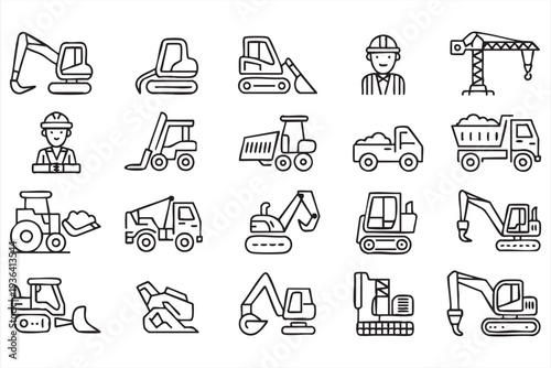 Modern construction machinery line icon set for engineering industry apps building graphics and industrial design