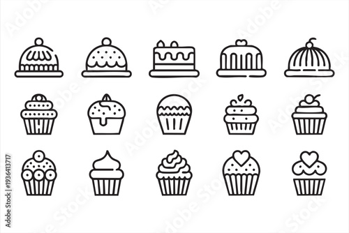 Bakery cupcake outline icon collection with sweet dessert pastry frosting and cake graphics