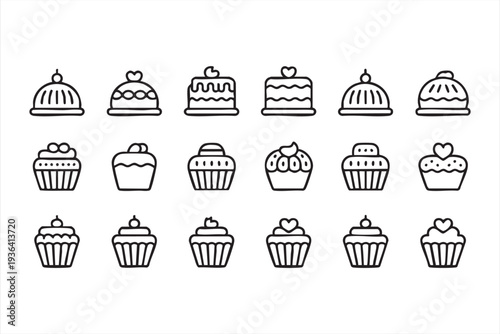 Modern cupcake dessert vector line icon set for bakery branding cafe menus and food packaging