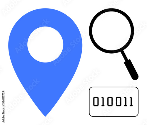 Data analytics concept. A location pin, magnifying glass, and binary code data analytics, digital navigation, and search tools. Suitable for IT, technology, geolocation and research