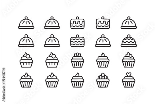 Cupcake and bakery dessert line icon bundle for cafe menus food branding and packaging design