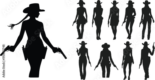 Western cowgirl silhouettes set, female cowboy revolver poses vintage wild west vector illustration isolated collection