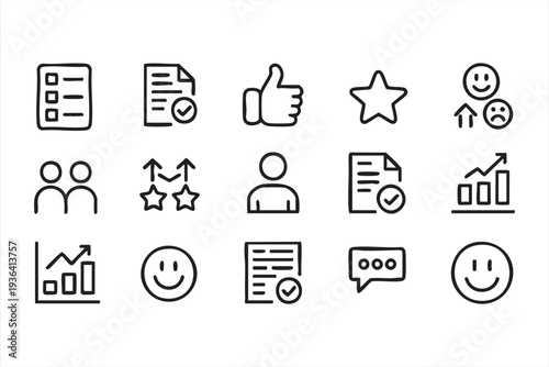 Customer feedback and rating line icon set with review star thumbs up survey and analytics symbols