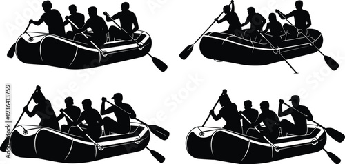 Whitewater rafting team silhouettes, inflatable boat paddling adventure outdoor sport recreation vector illustration design set