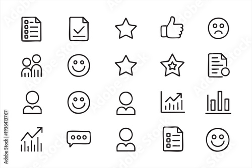 Business review and satisfaction outline icon collection with feedback rating chat and analytics graphics