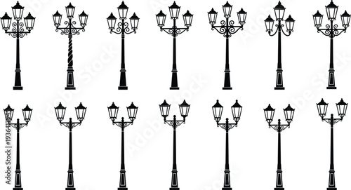 Set of black silhouettes of vintage street lamps and ornate outdoor lanterns isolated on white background for classic city design,