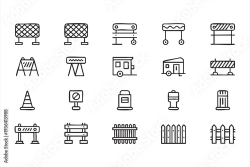 Road construction outline icon collection with barriers cones fences signage and safety equipment