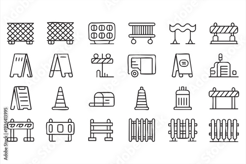 Modern roadwork safety vector line icon set for construction site infrastructure and traffic control