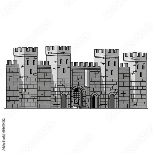 Medieval Castle Fortress with Towers and Gatehouse, Stone Architecture, Historical Landmark