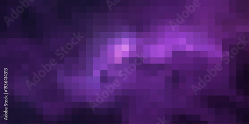 Digital purple background featuring a futuristic mosaic pattern of shiny squares and pixel art with a blue light grid for a high-tech wallpaper design.