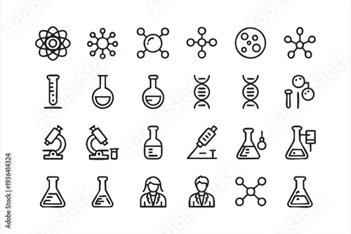 Science and laboratory line icon set with molecules DNA microscope test tubes and chemistry symbols