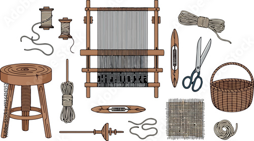 Weaving equipment and tools arranged around a wooden loom on a white background from a frontal viewpoint