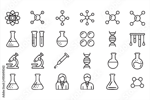Modern science vector line icon set for chemistry research education apps and laboratory graphics