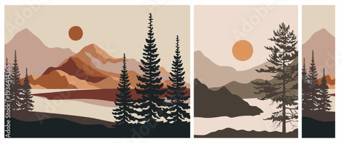 Set of three boho landscape posters. Minimalist flat vector of mountains, pine trees, and sun in warm terracotta tones