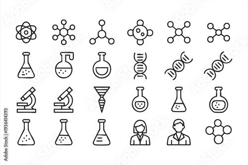 Minimal laboratory science icon pack with microscope flask test tube DNA and molecule symbols